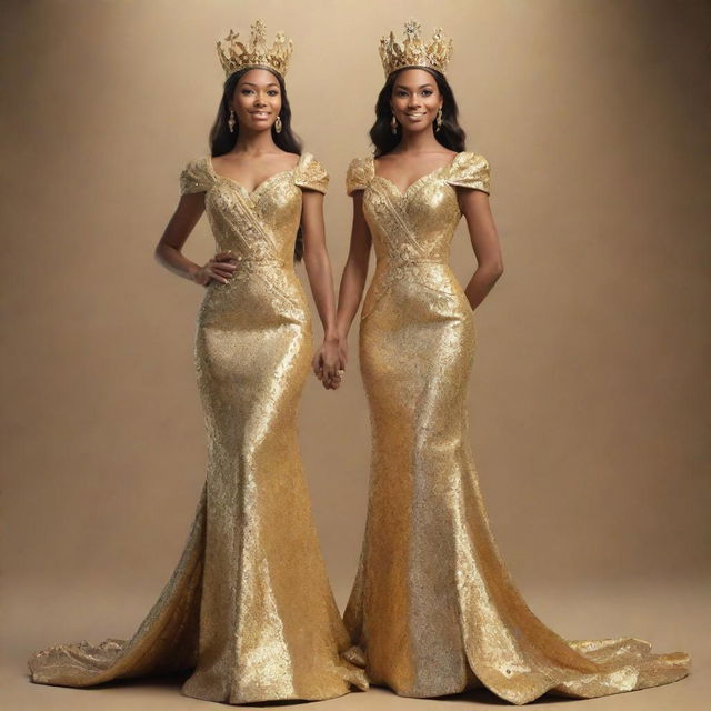 A golden 3D depiction of a young king and queen, pageant winners, back-to-back on a prestigious stage. Their regal poses and attire are cast in a majestic gold, symbolizing their triumph and defining their royal victory.