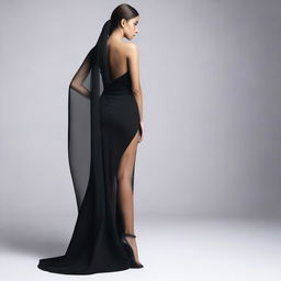 Studio photo in 4K resolution of a young woman in a black, form-fitting, high-slit dress, standing with her back to the viewer in a half-turn