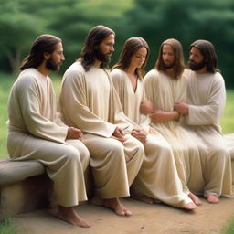 Jesus sits among several couples who are holding hands and leaning toward each other