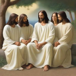 Jesus sits among several couples who are holding hands and leaning toward each other