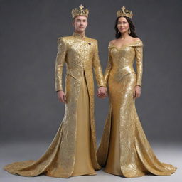 A golden 3D depiction of a young king and queen, pageant winners, back-to-back on a prestigious stage. Their regal poses and attire are cast in a majestic gold, symbolizing their triumph and defining their royal victory.