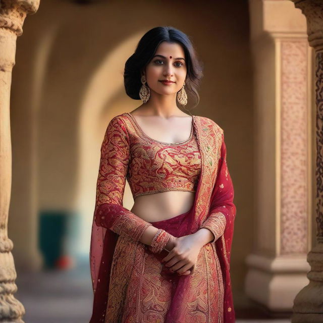 A 35-year-old Indian woman wearing a traditional gown, standing gracefully