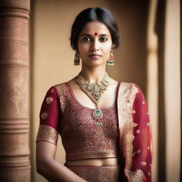 A 35-year-old Indian woman wearing a traditional gown, standing gracefully