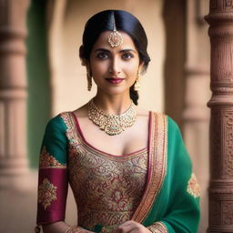 A 35-year-old Indian woman wearing a traditional gown, standing gracefully