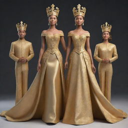 A golden 3D depiction of a young king and queen, pageant winners, back-to-back on a prestigious stage. Their regal poses and attire are cast in a majestic gold, symbolizing their triumph and defining their royal victory.