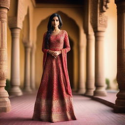 A 35-year-old Indian woman wearing a traditional gown, standing gracefully