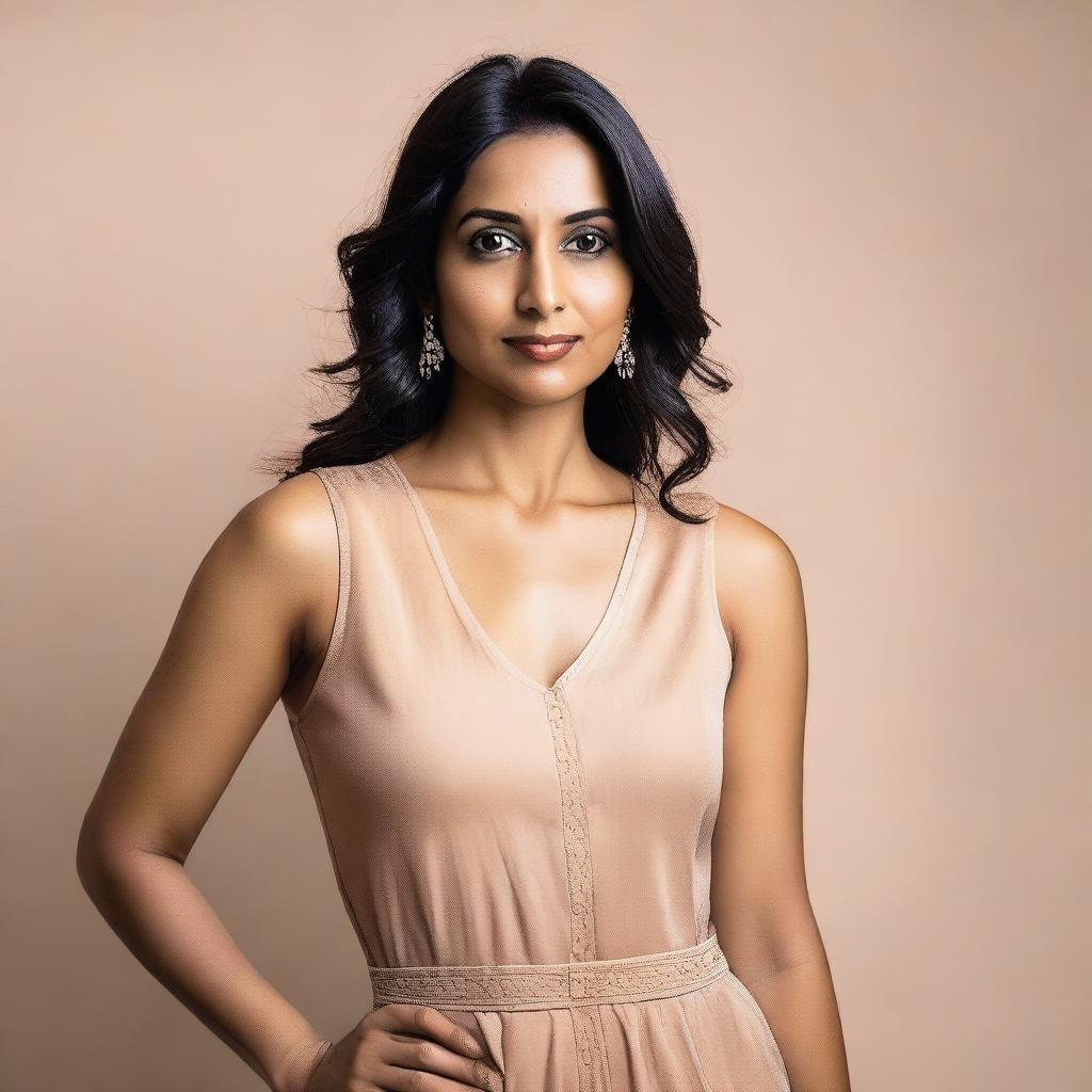 A 35-year-old Indian woman wearing a stylish western one-piece dress