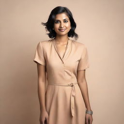 A 35-year-old Indian woman wearing a stylish western one-piece dress