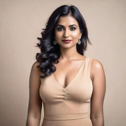 A 35-year-old Indian woman wearing a stylish western one-piece dress that shows some cleavage