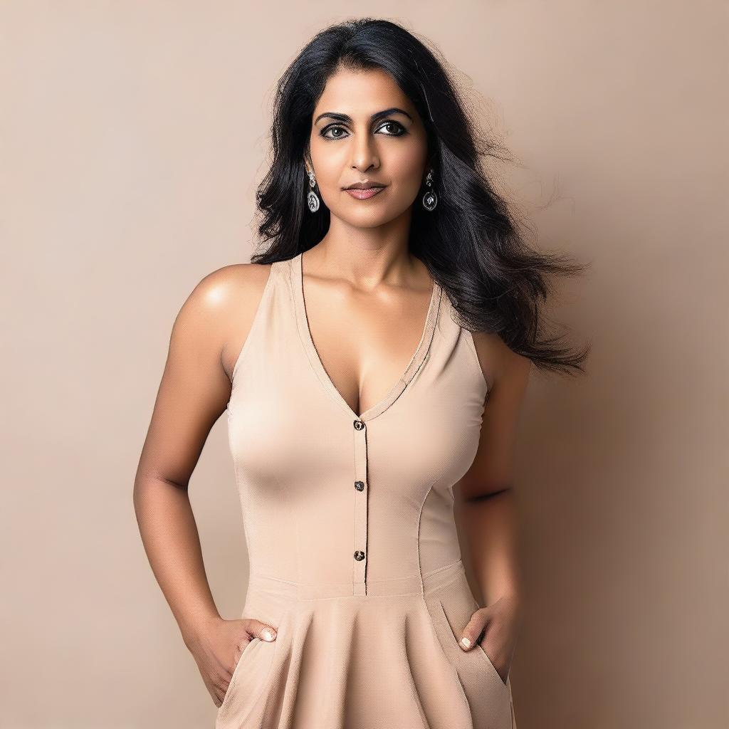 A 35-year-old Indian woman wearing a stylish western one-piece dress that shows some cleavage