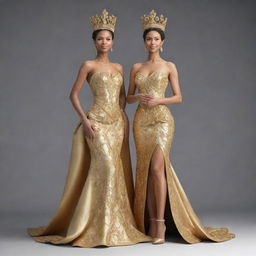 A golden 3D depiction of a young king and queen, pageant winners, back-to-back on a prestigious stage. Their regal poses and attire are cast in a majestic gold, symbolizing their triumph and defining their royal victory.