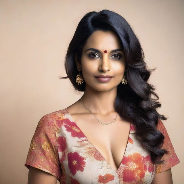 A 35-year-old Indian woman wearing a stylish western floral one-piece dress that shows some cleavage