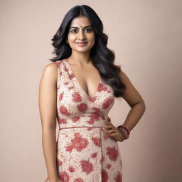 A 35-year-old Indian woman wearing a stylish western floral one-piece dress that shows some cleavage