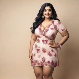 A 35-year-old curvy Indian woman wearing a stylish western floral one-piece dress that shows some cleavage