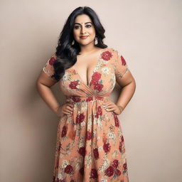 A 35-year-old curvy Indian woman wearing a stylish western floral one-piece dress that shows some cleavage