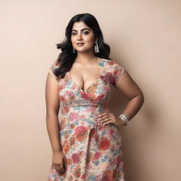 A 35-year-old curvy Indian woman wearing a stylish western floral one-piece dress that shows some cleavage