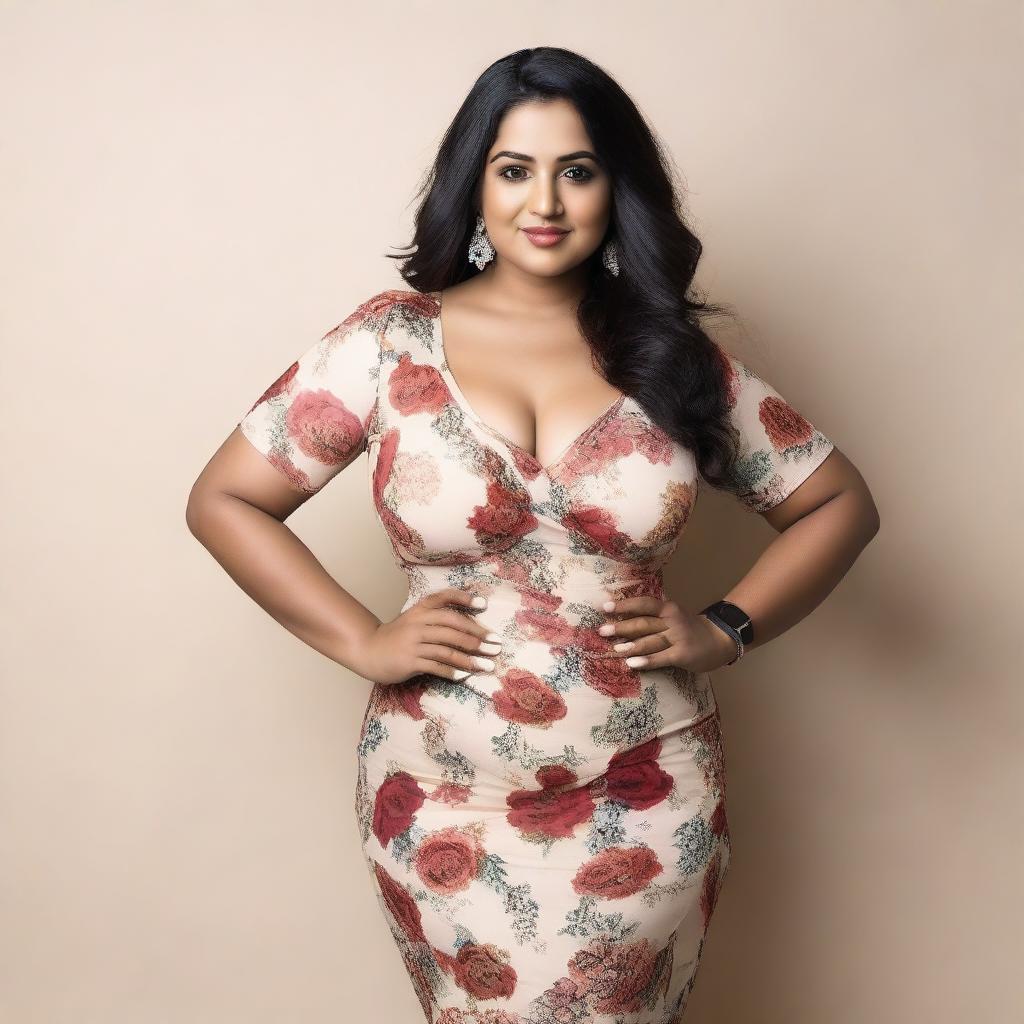 A 35-year-old curvy Indian woman wearing a stylish western floral one-piece dress that shows some cleavage