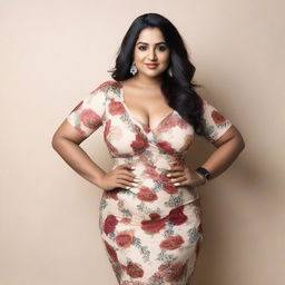 A 35-year-old curvy Indian woman wearing a stylish western floral one-piece dress that shows some cleavage