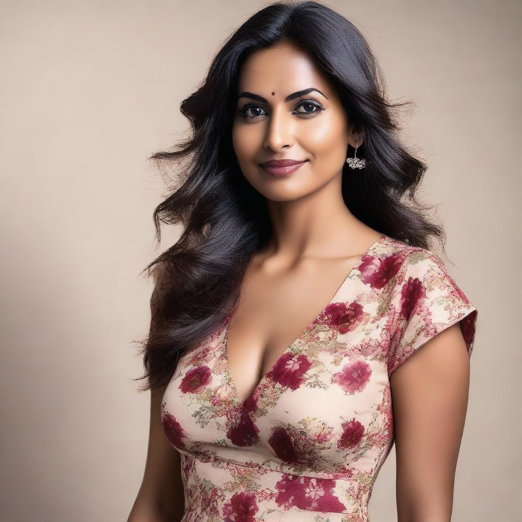 A 35-year-old attractive Indian woman wearing a stylish western floral one-piece dress that shows some cleavage