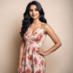 A 35-year-old attractive Indian woman wearing a stylish western floral one-piece dress that shows some cleavage