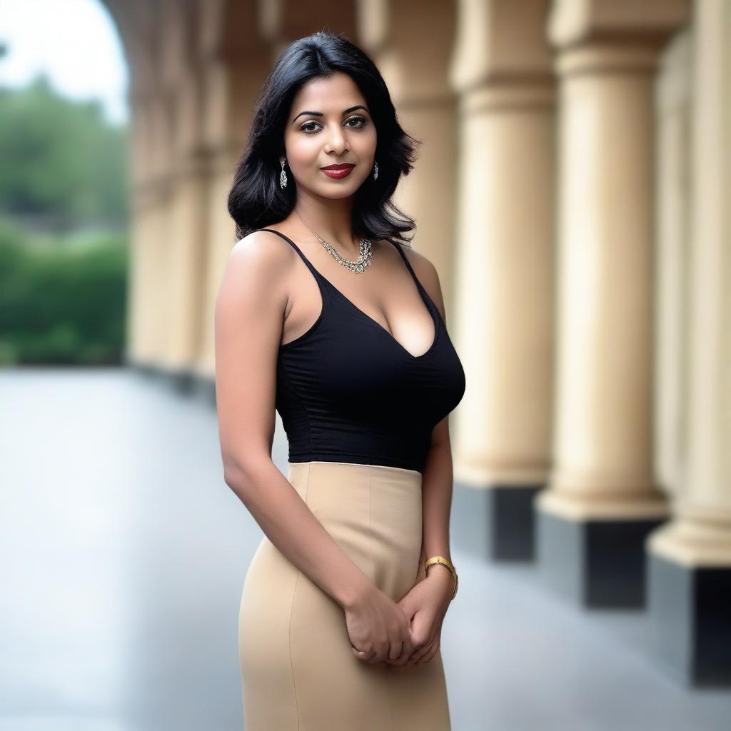 A 35-year-old attractive and bold Indian woman, often referred to as 'aunty', wearing a stylish one-piece dress that shows some cleavage