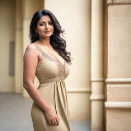 A 35-year-old attractive and bold Indian woman, often referred to as 'aunty', wearing a stylish one-piece dress that shows some cleavage