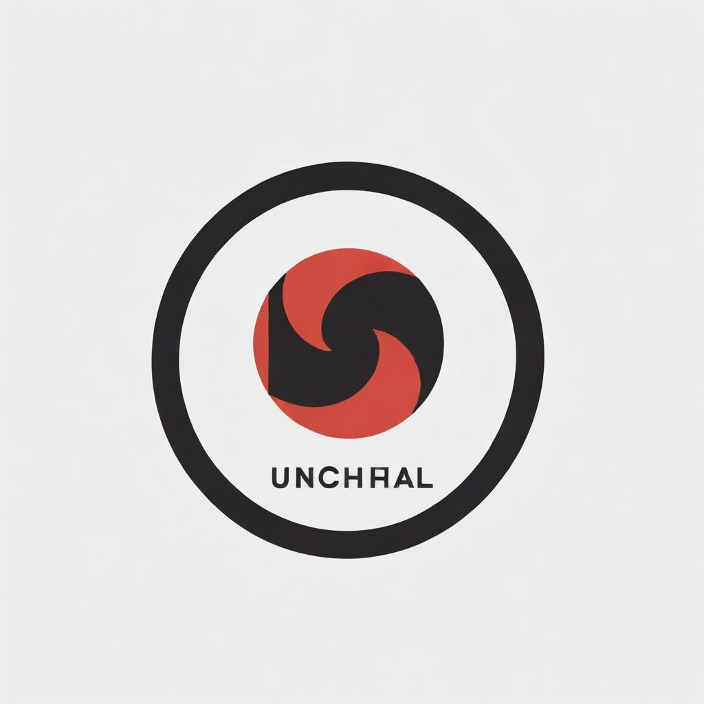 A stylish logo for a store named 'Universal Uchiha Mart' incorporating elements of the Uchiha clan symbol from Naruto with a universal theme in a minimalist design.