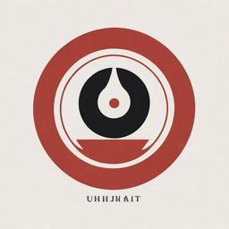 A stylish logo for a store named 'Universal Uchiha Mart' incorporating elements of the Uchiha clan symbol from Naruto with a universal theme in a minimalist design.