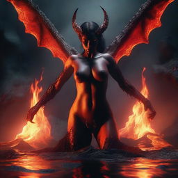 A dramatic action scene depicting a demonic succubus erupting naked from a glowing lake of lava in a dark and foreboding underworld setting