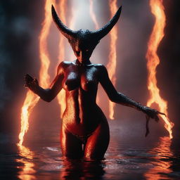 A dramatic action scene depicting a demonic succubus erupting naked from a glowing lake of lava in a dark and foreboding underworld setting