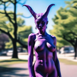 An edgy scene showing a demonic succubus standing confidently naked in a busy park on a bright sunny day