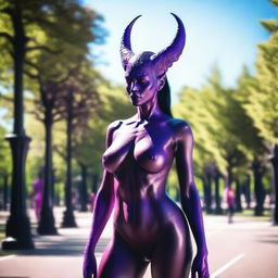 An edgy scene showing a demonic succubus standing confidently naked in a busy park on a bright sunny day