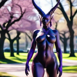 An edgy scene showing a demonic succubus standing confidently naked in a busy park on a bright sunny day