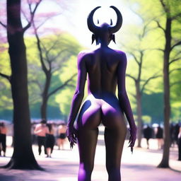 An edgy scene showing a demonic succubus from behind, standing confidently naked in a busy park on a bright sunny day