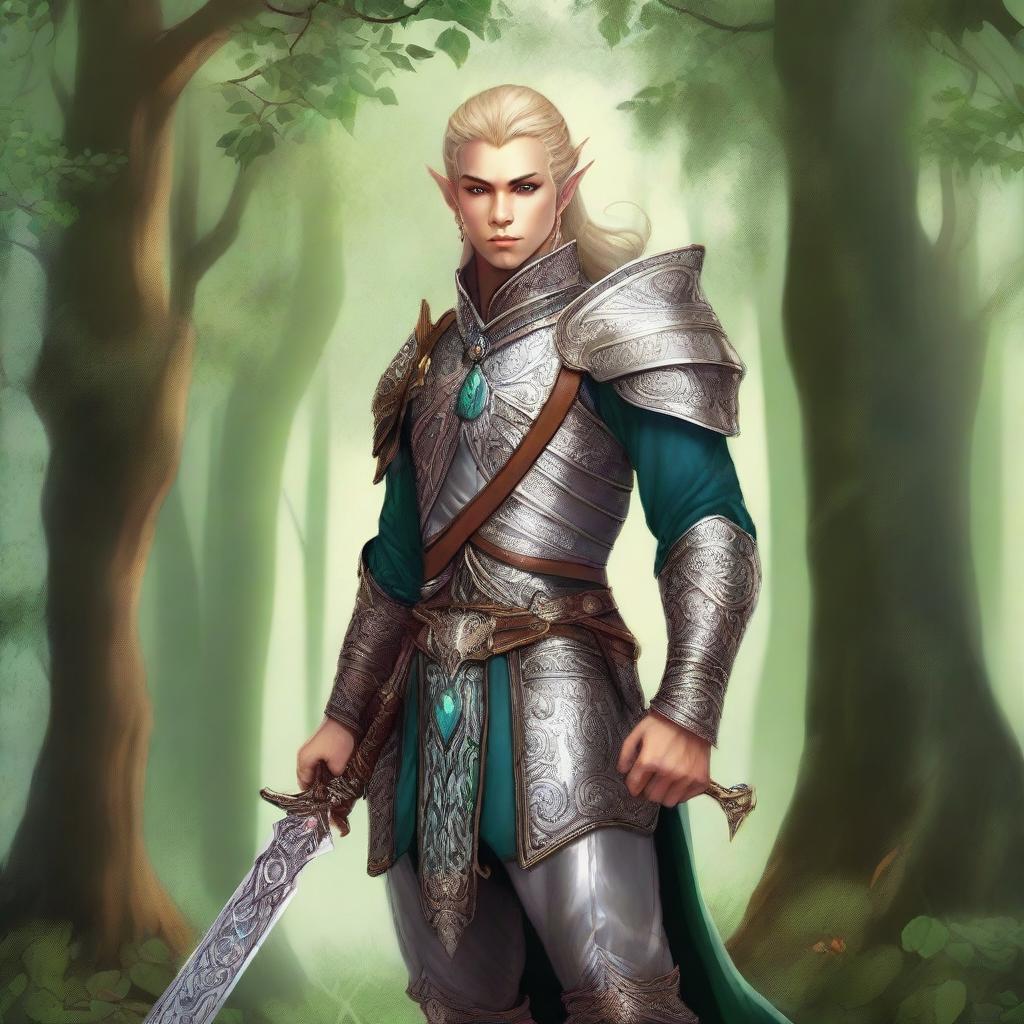 A detailed illustration of a fancy pants elven warrior, who is obsessed with his appearance