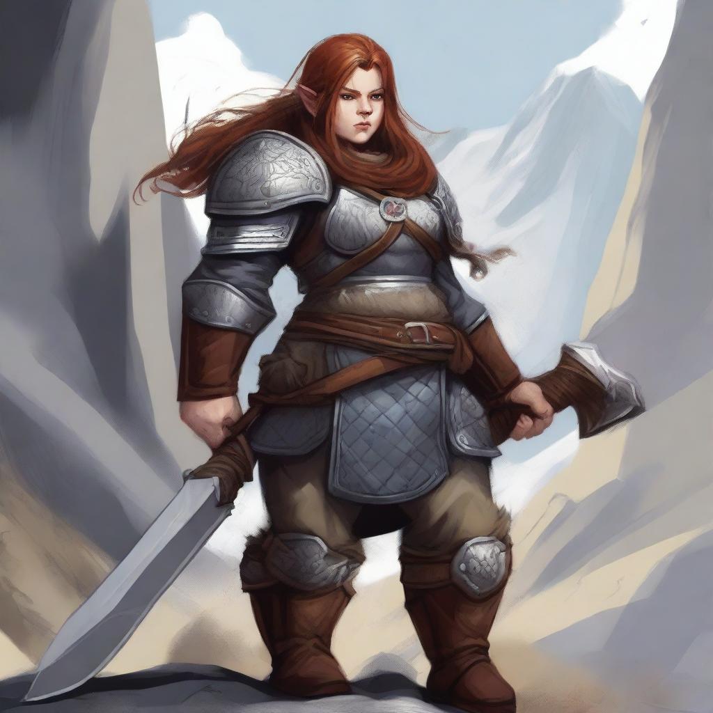 A detailed illustration of a female dwarf warrior who is stout and rugged