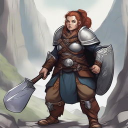 A detailed illustration of a female dwarf warrior who is stout and rugged