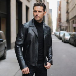 A stylish man wearing a unique black leather jacket with a straight collar.