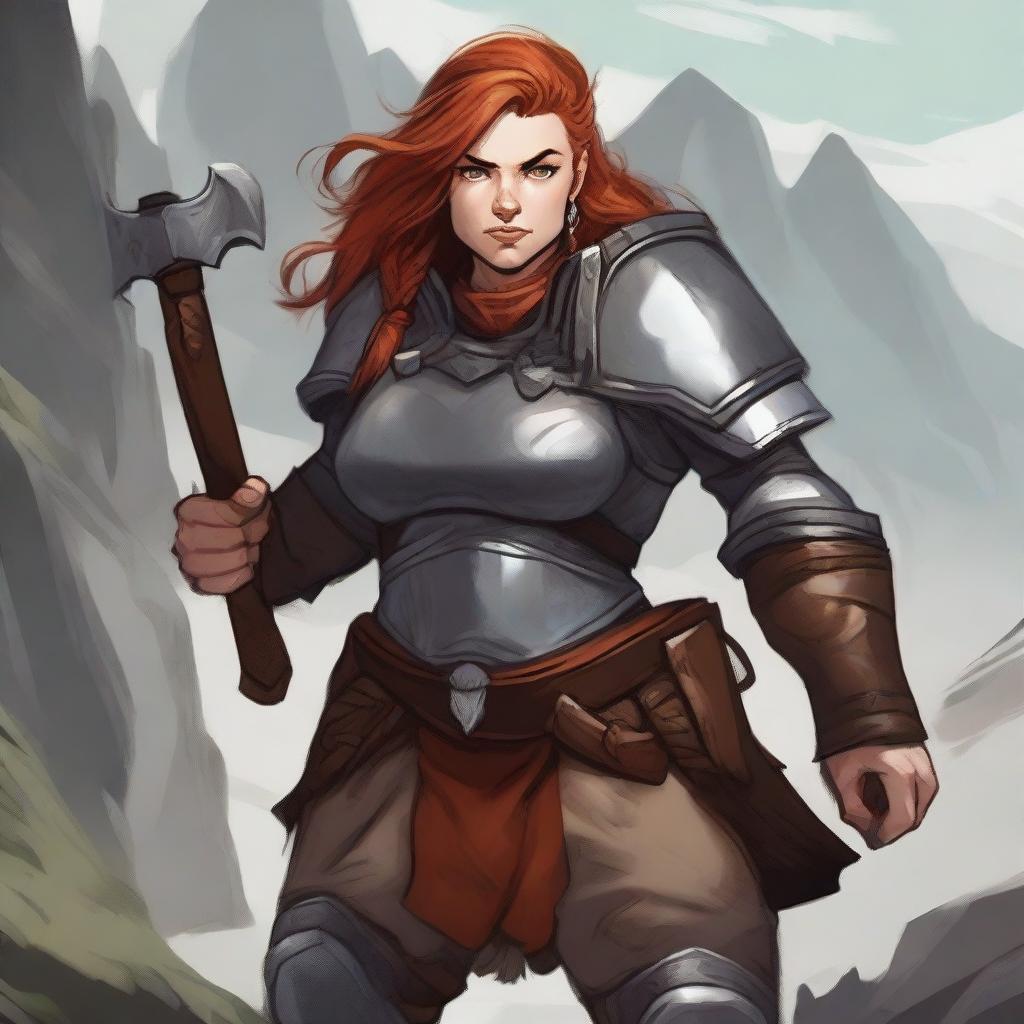 A detailed illustration of a female dwarf warrior who is stout and rugged