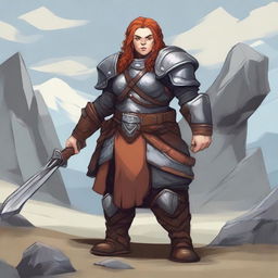 A detailed illustration of a female dwarf warrior who is stout and rugged