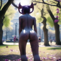 An edgy scene showing a demonic succubus from behind, confidently present and naked in a busy park on a bright sunny day