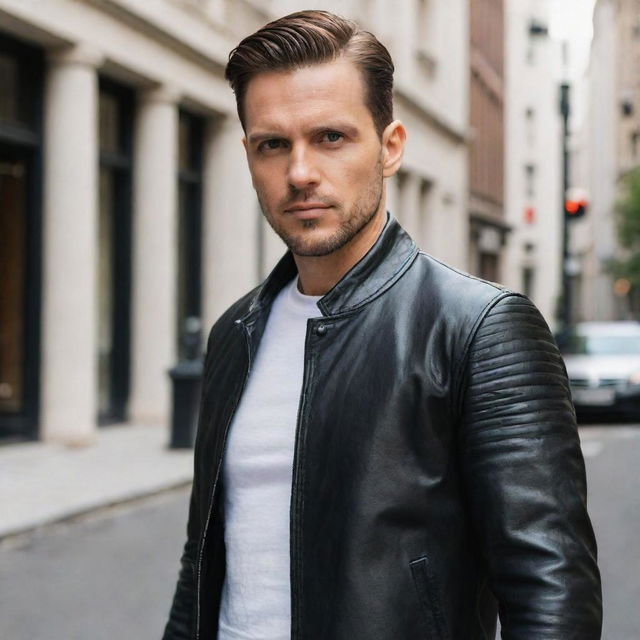 A stylish man wearing a unique black leather jacket with a straight collar.