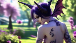 An edgy scene showing a demonic succubus from behind, confidently present and naked in a busy park on a bright sunny day