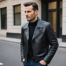 A stylish man wearing a unique black leather jacket with a straight collar.