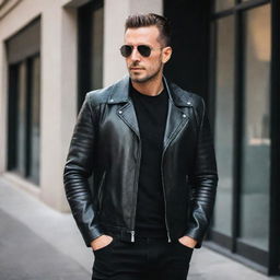 A stylish man wearing a unique black leather jacket with a straight collar.