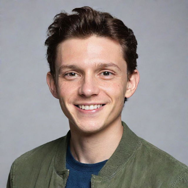 A high-quality, professional portrait of actor Tom Holland, smiling and casually dressed, set against a simple, unobtrusive background.