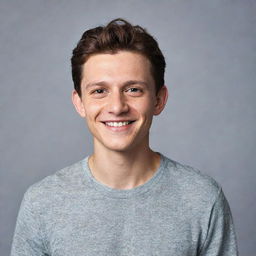 A high-quality, professional portrait of actor Tom Holland, smiling and casually dressed, set against a simple, unobtrusive background.