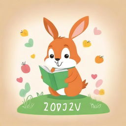 Create a cute book cover featuring a small animal, such as a rabbit or a squirrel, holding a book with the symbol plus (+) on it