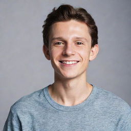 A high-quality, professional portrait of actor Tom Holland, smiling and casually dressed, set against a simple, unobtrusive background.