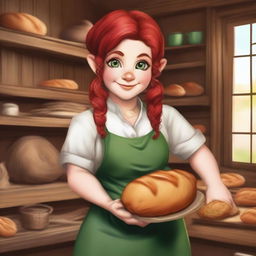 A realistic style female gnome Druid baker with green eyes, a rosy complexion, large bosom, and red curly hair pulled back into a messy bun